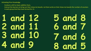 Activating Prior Knowledge
Conduct a drill on basic addition facts.
Instruct the learners to bring out their show-me boards. Let them write on their show-me boards the number of counters
in each group that they have formed for 13.
1 and 12
2 and 11
3 and 10
4 and 9
5 and 8
6 and 7
7 and 6
8 and 5
 
