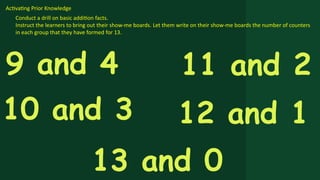 Activating Prior Knowledge
Conduct a drill on basic addition facts.
Instruct the learners to bring out their show-me boards. Let them write on their show-me boards the number of counters
in each group that they have formed for 13.
9 and 4
10 and 3
11 and 2
12 and 1
13 and 0
 