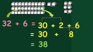 32 + 6 = 30 + 2 + 6
= 30 + 8
= 38
 
