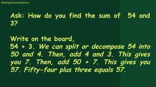 Making Generalizations
Ask: How do you find the sum of 54 and
3?
Write on the board,
54 + 3. We can split or decompose 54 into
50 and 4. Then, add 4 and 3. This gives
you 7. Then, add 50 + 7. This gives you
57. Fifty-four plus three equals 57.
 