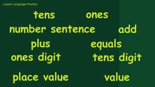 Lesson Language Practice
tens ones
number sentence add
plus equals
ones digit tens digit
place value value
 