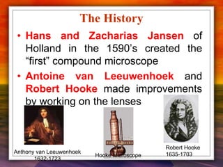 The History
• Hans and Zacharias Jansen of
Holland in the 1590’s created the
“first” compound microscope
• Antoine van Leeuwenhoek and
Robert Hooke made improvements
by working on the lenses
Anthony van Leeuwenhoek
1632-1723
Robert Hooke
1635-1703
Hooke Microscope
 