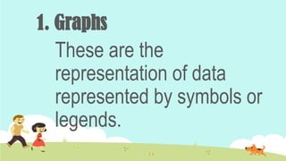 1. Graphs
These are the
representation of data
represented by symbols or
legends.
 