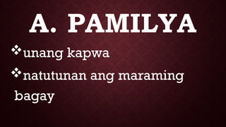 A. PAMILYA
unang kapwa
natutunan ang maraming
bagay
 