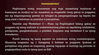 PAGSASABUHAY
Pagkatapos mong maunawaan ang mga inaasahang kaalaman at
kasanayan sa modyul na ito, inaasahan na magsisilbi itong gabay sa paggawa
mo ng mapanagutang gawain na tutugon sa pangangailangan ng kapwa mo
mag-aaral o kabataan sa paaralan o pamayanan.
Gamitin ang Worksheet 3 – Plano ng Paglilingkod bilang gabay sa
paggawa ng isang malinaw at makatotohanang plano sa aspektong intelektwal,
panlipunan, pangkabuhayan, o politikal. Kopyahin ang worksheet 3 sa iyong
kuwaderno.
Pumili lamang ng isang aspekto na makakaya mong maisakatuparan.
Maaaring magsama ng 1 hanggang 2 kaklase sa paggawa. Ipabasa at
palagdaan ang plano sa magulang, gurong tagapayo at humingi ng permiso at
pagpapatibay mula sa iyong guro sa EsP.
 