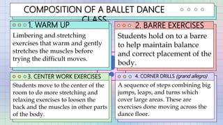 COMPOSITION OF A BALLET DANCE
CLASS
1. WARM UP 2. BARRE EXERCISES
3. CENTER WORK EXERCISES 4. CORNER DRILLS (grand allegro)
Limbering and stretching
exercises that warm and gently
stretches the muscles before
trying the difficult moves.
Students hold on to a barre
to help maintain balance
and correct placement of the
body.
Students move to the center of the
room to do more stretching and
relaxing exercises to loosen the
back and the muscles in other parts
of the body.
A sequence of steps combining big
jumps, leaps, and turns which
cover large areas. These are
exercises done moving across the
dance floor.
 