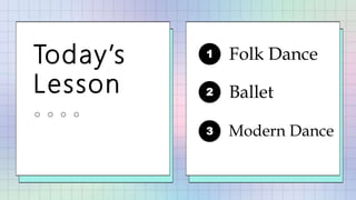 Today’s
Lesson
1
2
3
Folk Dance
Ballet
Modern Dance
 