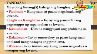 TANDAAN:
Mayroong limang(5) bahagi ang banghay:
• Panimula – Kung saan at paano nagsimula ang
kwento.
• Saglit na Kasiglahan – Ito ay ang panandaliang
pagtatagpo ng mga tauhan sa kwento.
• Kasukdulan – Dito na nangyayari ang problema sa
kwento.
• Kakalasan – Ito ay tumutukoy sa parte kung saan
unti-unti nang naaayos ang problema.
• Wakas – Ito ay tumutukoy kung paano nagwakas o
natapos ang kwento.
 