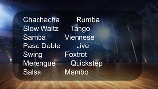 Chachacha Rumba
Slow Waltz Tango
Samba Viennese
Paso Doble Jive
Swing Foxtrot
Merengue Quickstep
Salsa Mambo
 