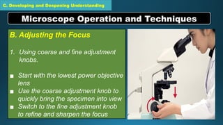 C. Developing and Deepening Understanding
B. Adjusting the Focus
1. Using coarse and fine adjustment
knobs.
▪ Start with the lowest power objective
lens
▪ Use the coarse adjustment knob to
quickly bring the specimen into view
▪ Switch to the fine adjustment knob
to refine and sharpen the focus
Microscope Operation and Techniques
 