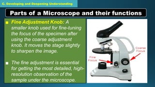 C. Developing and Deepening Understanding
▪ Fine Adjustment Knob: A
smaller knob used for fine-tuning
the focus of the specimen after
using the coarse adjustment
knob. It moves the stage slightly
to sharpen the image.
▪ The fine adjustment is essential
for getting the most detailed, high-
resolution observation of the
sample under the microscope.
Parts of a Microscope and their functions
 