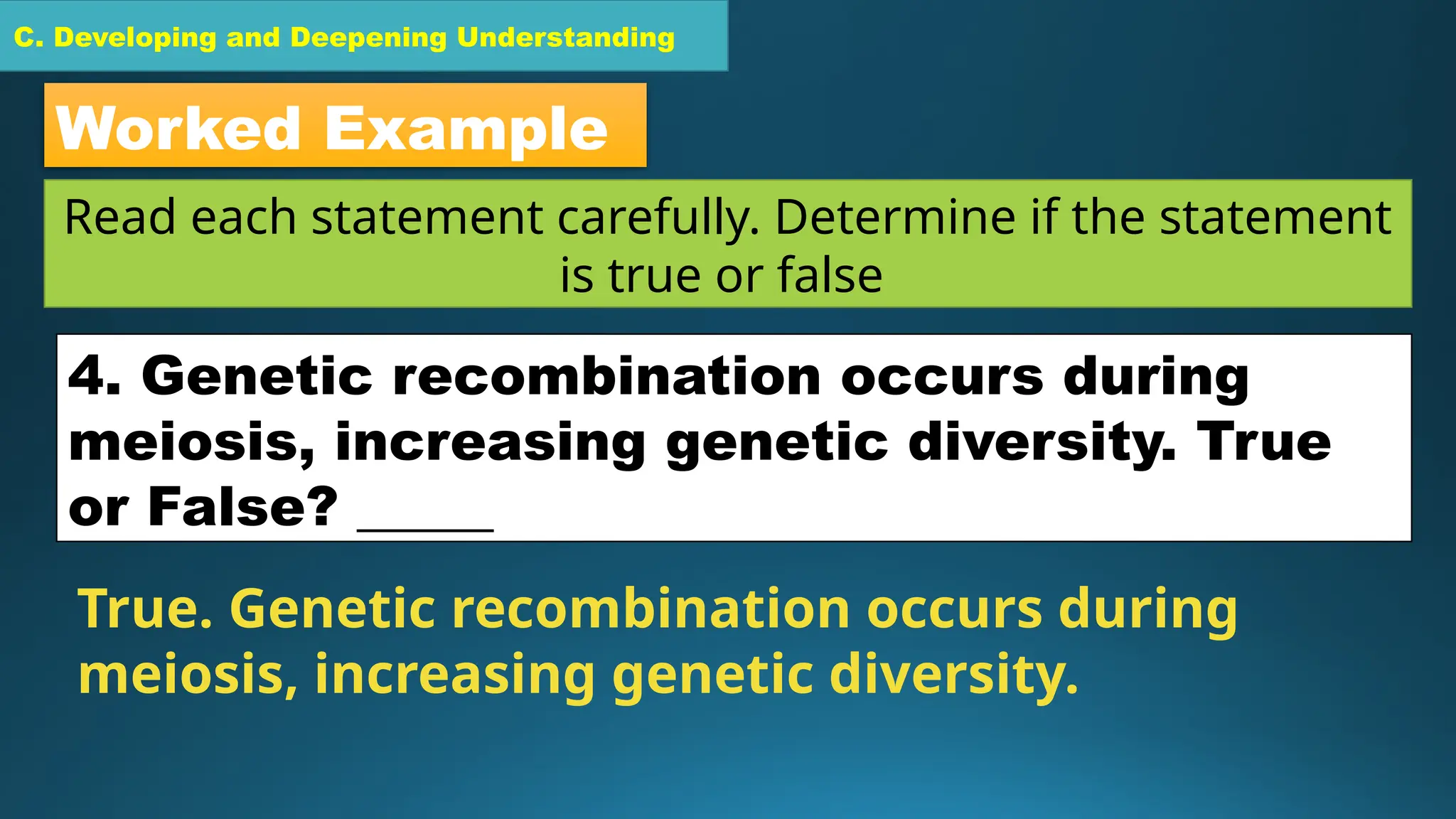 C. Developing and Deepening Understanding
Worked Example
Read each statement carefully. Determine if the statement
is true or false
4. Genetic recombination occurs during
meiosis, increasing genetic diversity. True
or False? _____
True. Genetic recombination occurs during
meiosis, increasing genetic diversity.
 