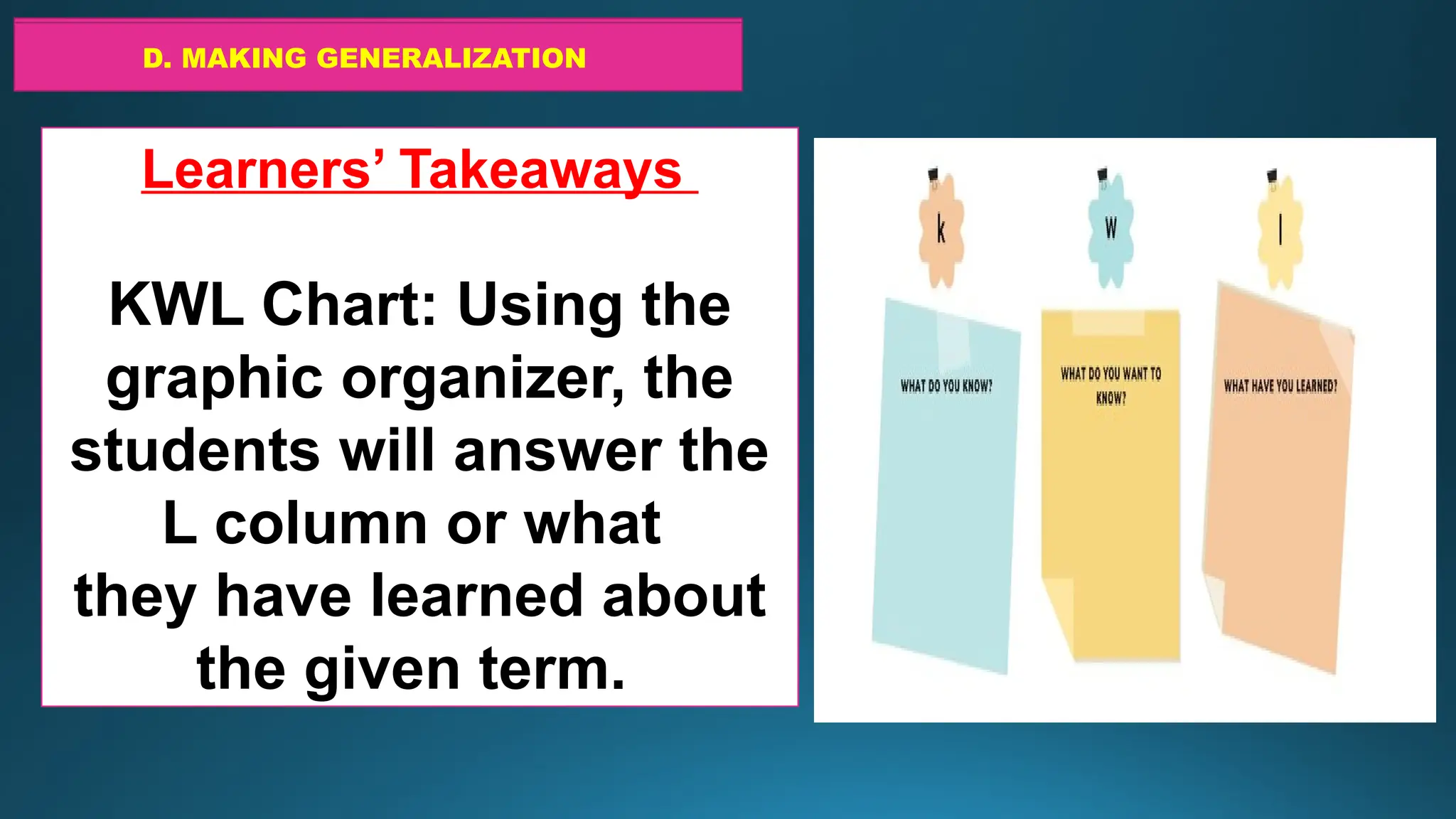 D. MAKING GENERALIZATION
D. MAKING GENERALIZATION
Learners’ Takeaways
KWL Chart: Using the
graphic organizer, the
students will answer the
L column or what
they have learned about
the given term.
 