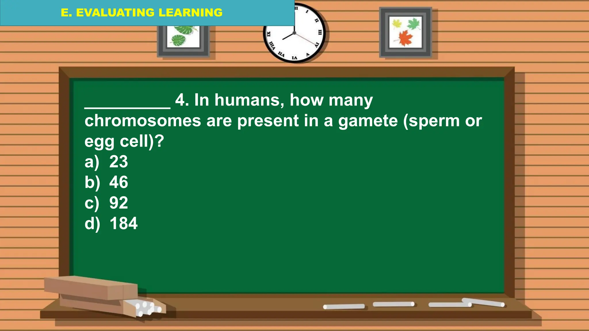 E. EVALUATING LEARNING
E. EVALUATING LEARNING
E. EVALUATING LEARNING
_________ 4. In humans, how many
chromosomes are present in a gamete (sperm or
egg cell)?
a) 23
b) 46
c) 92
d) 184
 