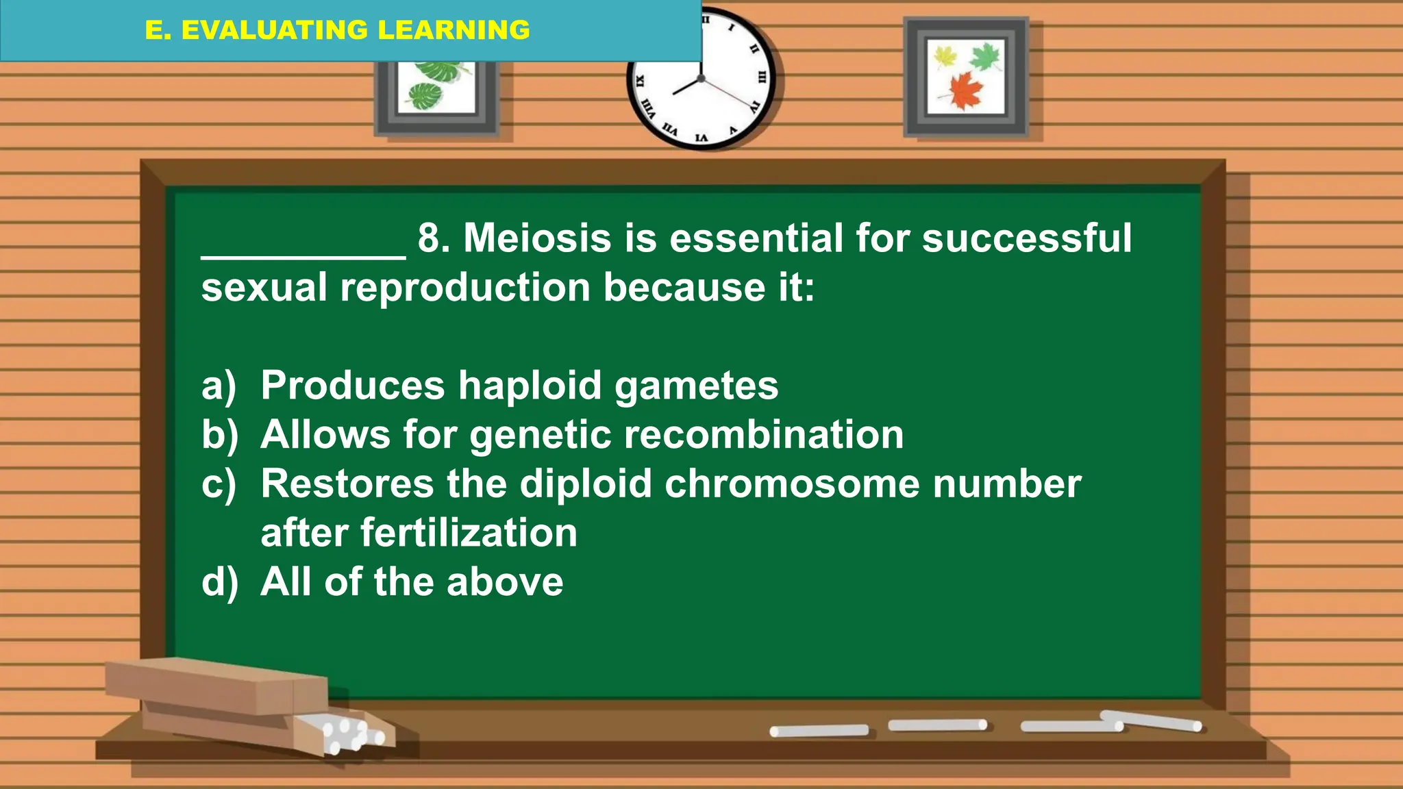 E. EVALUATING LEARNING
E. EVALUATING LEARNING
E. EVALUATING LEARNING
_________ 8. Meiosis is essential for successful
sexual reproduction because it:
a) Produces haploid gametes
b) Allows for genetic recombination
c) Restores the diploid chromosome number
after fertilization
d) All of the above
 
