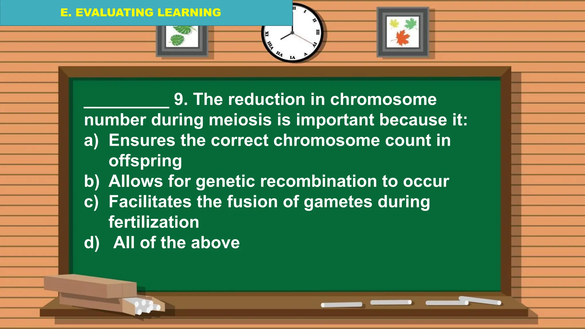 E. EVALUATING LEARNING
E. EVALUATING LEARNING
E. EVALUATING LEARNING
_________ 9. The reduction in chromosome
number during meiosis is important because it:
a) Ensures the correct chromosome count in
offspring
b) Allows for genetic recombination to occur
c) Facilitates the fusion of gametes during
fertilization
d) All of the above
 
