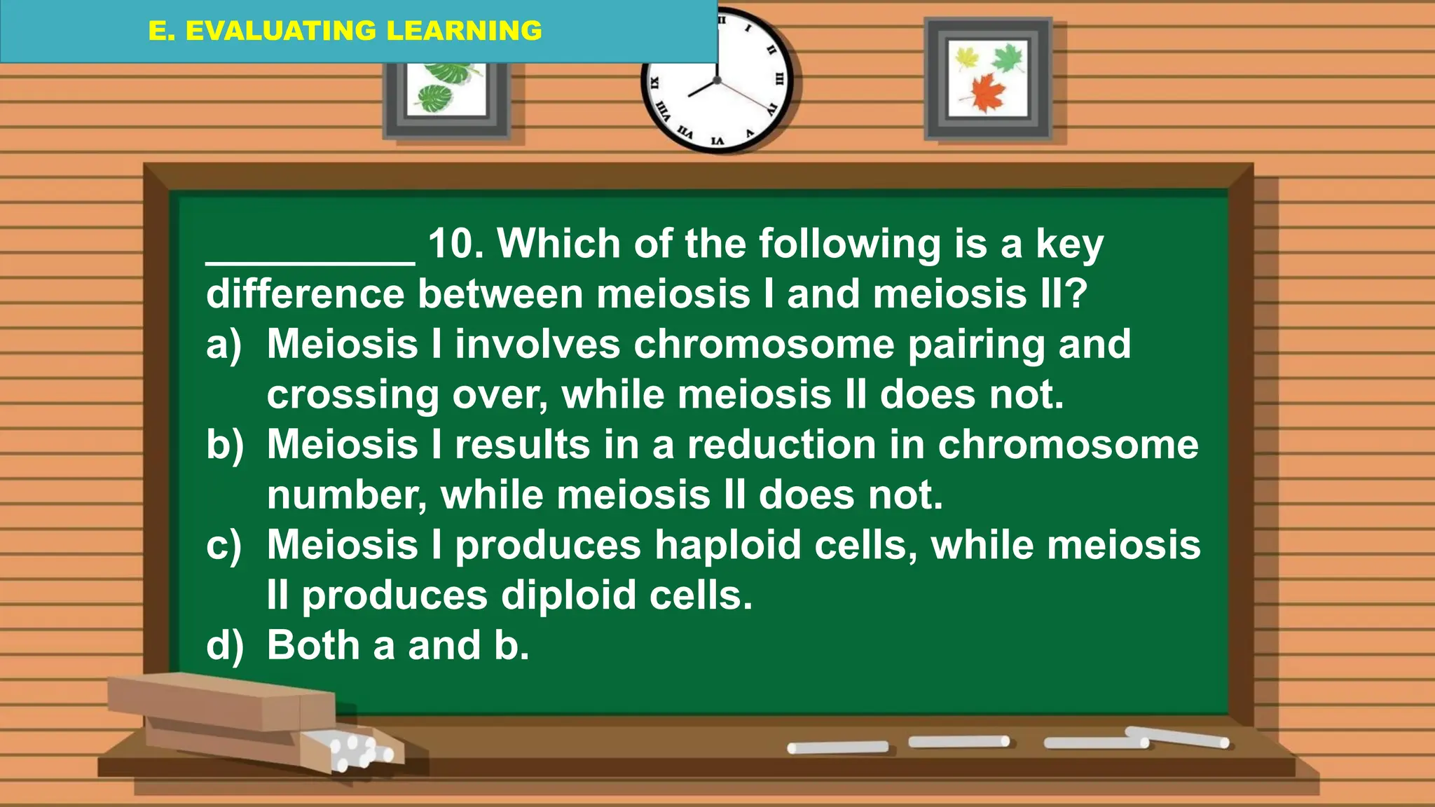 E. EVALUATING LEARNING
E. EVALUATING LEARNING
E. EVALUATING LEARNING
_________ 10. Which of the following is a key
difference between meiosis I and meiosis II?
a) Meiosis I involves chromosome pairing and
crossing over, while meiosis II does not.
b) Meiosis I results in a reduction in chromosome
number, while meiosis II does not.
c) Meiosis I produces haploid cells, while meiosis
II produces diploid cells.
d) Both a and b.
 