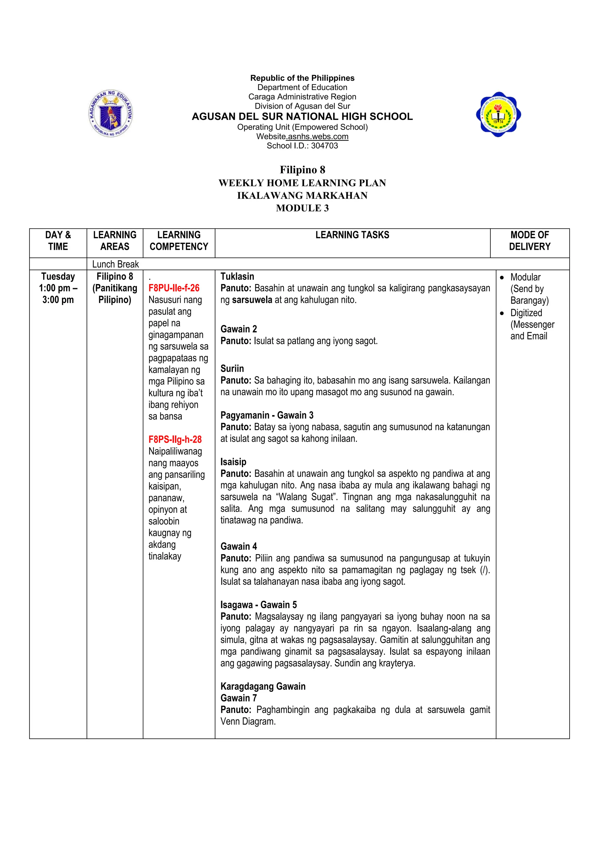 3
Republic of the Philippines
Department of Education
Caraga Administrative Region
Division of Agusan del Sur
AGUSAN DEL SUR NATIONAL HIGH SCHOOL
Operating Unit (Empowered School)
Website.asnhs.webs.com
School I.D.: 304703
Filipino 8
WEEKLY HOME LEARNING PLAN
IKALAWANG MARKAHAN
MODULE 3
DAY &
TIME
LEARNING
AREAS
LEARNING
COMPETENCY
LEARNING TASKS MODE OF
DELIVERY
Lunch Break
Tuesday
1:00 pm –
3:00 pm
Filipino 8
(Panitikang
Pilipino)
.
F8PU-IIe-f-26
Nasusuri nang
pasulat ang
papel na
ginagampanan
ng sarsuwela sa
pagpapataas ng
kamalayan ng
mga Pilipino sa
kultura ng iba’t
ibang rehiyon
sa bansa
F8PS-IIg-h-28
Naipaliliwanag
nang maayos
ang pansariling
kaisipan,
pananaw,
opinyon at
saloobin
kaugnay ng
akdang
tinalakay
Tuklasin
Panuto: Basahin at unawain ang tungkol sa kaligirang pangkasaysayan
ng sarsuwela at ang kahulugan nito.
Gawain 2
Panuto: Isulat sa patlang ang iyong sagot.
Suriin
Panuto: Sa bahaging ito, babasahin mo ang isang sarsuwela. Kailangan
na unawain mo ito upang masagot mo ang susunod na gawain.
Pagyamanin - Gawain 3
Panuto: Batay sa iyong nabasa, sagutin ang sumusunod na katanungan
at isulat ang sagot sa kahong inilaan.
Isaisip
Panuto: Basahin at unawain ang tungkol sa aspekto ng pandiwa at ang
mga kahulugan nito. Ang nasa ibaba ay mula ang ikalawang bahagi ng
sarsuwela na “Walang Sugat”. Tingnan ang mga nakasalungguhit na
salita. Ang mga sumusunod na salitang may salungguhit ay ang
tinatawag na pandiwa.
Gawain 4
Panuto: Piliin ang pandiwa sa sumusunod na pangungusap at tukuyin
kung ano ang aspekto nito sa pamamagitan ng paglagay ng tsek (/).
Isulat sa talahanayan nasa ibaba ang iyong sagot.
Isagawa - Gawain 5
Panuto: Magsalaysay ng ilang pangyayari sa iyong buhay noon na sa
iyong palagay ay nangyayari pa rin sa ngayon. Isaalang-alang ang
simula, gitna at wakas ng pagsasalaysay. Gamitin at salungguhitan ang
mga pandiwang ginamit sa pagsasalaysay. Isulat sa espayong inilaan
ang gagawing pagsasalaysay. Sundin ang krayterya.
Karagdagang Gawain
Gawain 7
Panuto: Paghambingin ang pagkakaiba ng dula at sarsuwela gamit
Venn Diagram.
• Modular
(Send by
Barangay)
• Digitized
(Messenger
and Email
 