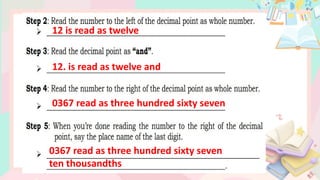 12 is read as twelve
12. is read as twelve and
0367 read as three hundred sixty seven
0367 read as three hundred sixty seven
ten thousandths
 