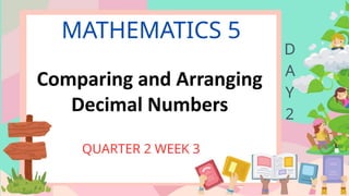 MATHEMATICS 5
QUARTER 2 WEEK 3
D
A
Y
2
Comparing and Arranging
Decimal Numbers
 