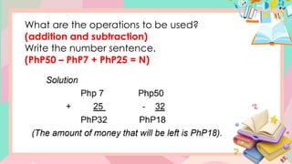 What are the operations to be used?
(addition and subtraction)
Write the number sentence.
(PhP50 – PhP7 + PhP25 = N)
 