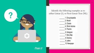 21
Identify the following examples as to
either Linear (L) or Non-Linear Text (NL)
Page 12
 