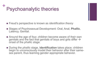 From the Gender Schema Viewpoint:Gender identity can inspire ‘gender-appropriate’ behaviour (Ruble et al., 2006)Children seek information concerning gender-typed traits and live up to its expectations. E.g. a boy may fight back as they are expected to do so. Girls may be gentle and kind because that is expected of girls.Self-esteem will depend on how they measure up to the gender schema