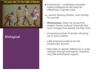 BiologicalEvolutionary – emphasise ancestral mating strategies as the basis for differences in gender roles.i.e. women bearing children, men hunting for survival.Weaknesses: Does not account for modern factors (cultural, financial) that have changed how people live their lives.