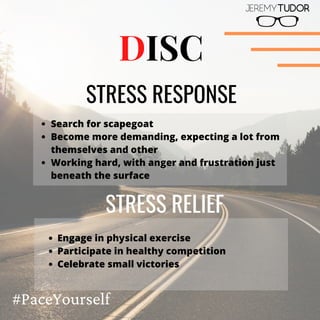 #PaceYourself
STRESS RESPONSE 
DISC
STRESS RELIEF
Search for scapegoat
Become more demanding, expecting a lot from
themselves and other
Working hard, with anger and frustration just
beneath the surface
Engage in physical exercise
Participate in healthy competition
Celebrate small victories
 