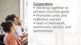 Cooperation
• Working together to
achieve common goals
• Promotes unity and
collective success
• Seen in teamwork,
community service, and
partnerships
 
