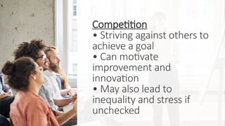 Competition
• Striving against others to
achieve a goal
• Can motivate
improvement and
innovation
• May also lead to
inequality and stress if
unchecked
 