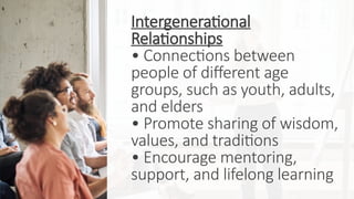 Intergenerational
Relationships
• Connections between
people of different age
groups, such as youth, adults,
and elders
• Promote sharing of wisdom,
values, and traditions
• Encourage mentoring,
support, and lifelong learning
 