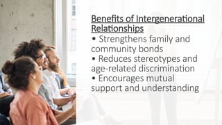 Benefits of Intergenerational
Relationships
• Strengthens family and
community bonds
• Reduces stereotypes and
age-related discrimination
• Encourages mutual
support and understanding
 
