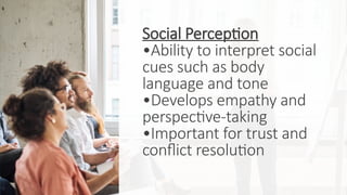 Social Perception
•Ability to interpret social
cues such as body
language and tone
•Develops empathy and
perspective-taking
•Important for trust and
conflict resolution
 
