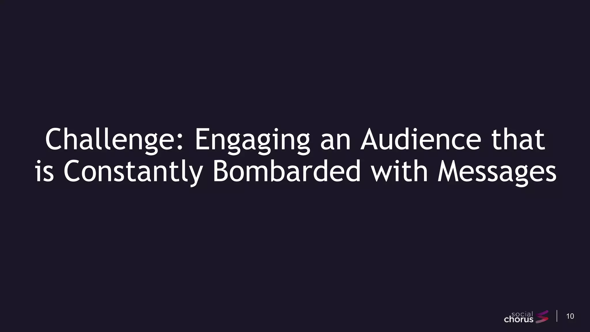 10
Challenge: Engaging an Audience that
is Constantly Bombarded with Messages
 