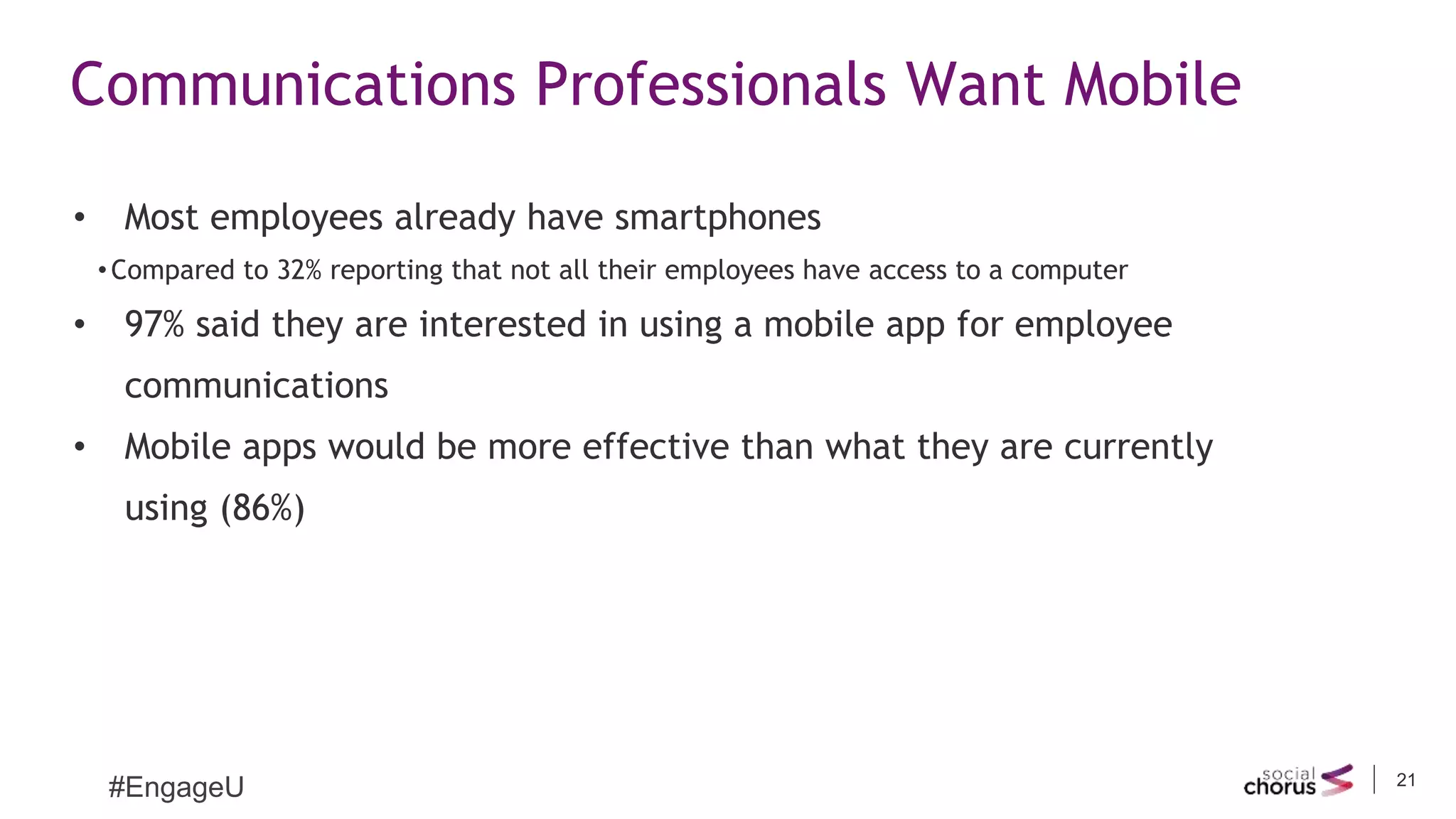 21
Communications Professionals Want Mobile
• Most employees already have smartphones
•Compared to 32% reporting that not all their employees have access to a computer
• 97% said they are interested in using a mobile app for employee
communications
• Mobile apps would be more effective than what they are currently
using (86%)
#EngageU
 