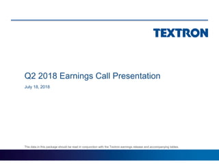 Q2 2018 Earnings Call Presentation
July 18, 2018
The data in this package should be read in conjunction with the Textron earnings release and accompanying tables.
 