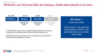 16
Q2 ’19 Results
In 2017 Brazilian Supreme Court stated that ICMS (State Tax) cannot be
included in the calculation basis of PIS and COFINS (Federal Tax).
PIS/COFINS are levied on revenues and the Supreme Court stated that
ICMS cannot be considered a revenue.
Q2 ’19 TIM Brasil
TIM Brasil’s new TAX asset: R$3.4 Bn implying c. €0.8bn debt reduction in 3/4 years
R$ 3,418m (1)
Gross tax credits
To be used in ~3/4 years (2)
Now booked in NWC it will
gradually improve net debt
when used
Leading case:
Favorable decision
Apr. 2017 Q4’ 18 Q2’ 19 Q3’ 19
R$ 353m R$ 2,876m R$ 189m
Booked after final
court decision:
TIM NE
Booked after final
court decision:
TIM CEL
Final court decision.
To be booked:
TIM CEL
(1) Monetary correction recognition will increase until the compensation of the tax credits
(2) In 2018, company paid ~R$ 880m of PIS/COFINS
 