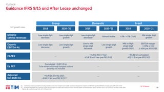 24
Q2 ’19 Results
Outlook
Guidance IFRS 9/15 and After Lease unchanged
2019
Group Domestic Brasil
2020-’21 2019 2020-’21 2019 2020-’21
Organic
Service revenues
Organic
EBITDA-AL
CAPEX
Eq FCF
Adjusted
Net Debt AL
Low single digit
decrease
Low single digit
growth
Low single digit
decrease1 Almost stable +3% - +5% (YoY)
Mid single digit
growth
Low single digit
decrease
Low single digit
growth
Low to Mid
single digit
decrease
Low single digit
growth
Mid to High
single digit
growth (YoY)
EBITDA margin
≥ 39% in ‘20
≥ 40% pre IFRS 9/15
~EUR 2.9 bn / Year
~EUR 3 bn / Year pre IFRS 9/15
~R$ 12 bn cumulated
~R$ 12.5 bn pre IFRS 9/15
--
Cumulated ~EUR 3.5 bn
To be enhanced through inorganic actions
presently not included
-- --
~EUR 20.5 bn by 2021
~EUR 22 bn pre IFRS 9/15 (2)
-- --
YoY growth rates
(1) Domestic revenue growth excluding Sparkle’s zero-low margin voice traffic business stopped (no impact on EBITDA; Sparkle EBITDA actually grew 18% YoY in H1)
(2) Guidance provided last February under old principles includes debt reduction from finance leases reimbursement, which remains but is not visible in an After Lease view
- Figures @ avg. Exchange Rate of 4.31 Reais/Euro
 