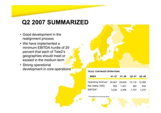 Q2 2007 SUMMARIZED
• Good development in the
  realignment process
• We have implemented a
  minimum EBITDA hurdle of 20
  percent that each of Tele2’s
  geographies should meet or
  exceed in the medium term
• Strong operational
  development in core operations
                                   TELE2: CONTINUED OPERATIONS

                                     MSEK                           H1 -07   H1 -06   Q2 -07   Q2 -06

                                   Operating revenue* 25,947                 24,629   13,110   12,386
                                   Net intake (‘000)                  663     1,251     382      634
                                   EBITDA*                          3,230     2,458    1,737    1,237

                                   *Excluding non-recurring items
 