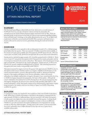 OTTAWA INDUSTRIAL REPORT
                                                                                                                                      2Q10


ECONOMY                                                                                           BEAT ON THE STREET
                                                                                                  “There continues to be little movement of
The National Capital Region added 2,600 jobs from April, with an overall increase of
26,300 jobs from last year, but with more workers entering the job market, the                    large industrial spaces in the Ottawa market.
unemployment rate for the Ottawa-Gatineau region remained at 6.0% in May. There are               However there seems to be preliminary
                                                                                                  leasing activity that may result in significant
                                                                                                  leasing transactions towards the end of 2010.”
potential clouds on the horizon in the form of a freeze in governmental spending budgets,
which will likely lead to shrinkage in the public administration job sector. As of April, total
                                                                                                  – Peter Earwaker, Senior Sales
                                                                                                  Representative
employment within this sector numbered 160,500. This contraction will likely create a
domino effect across numerous sectors, particularly affecting the retail and wholesale
sectors.


OVERVIEW                                                                                          ECONOMIC INDICATORS
Vacancy continued to move upwards in the second quarter to reach 6.3%, a full percentage                                     2008    2009      2010F
point higher than last quarter. There are currently 1.4 million square feet (msf) available, as   GDP Growth                 1.3%   -1.2%      2.8%
the amount of vacant space available grew this quarter by 239,000 square feet (sf). This new      CPI Growth                 2.2%    0.6%      2.5%
                                                                                                  Unemployment               5.2%    5.7%      5.9%
vacant space was fairly evenly distributed amongst both the western and eastern submarkets.
Leasing activity declined by approximately 50% from first quarter levels to 106,000 sf. There   Employment            4.8%      -1.5%          1.0%
were a total of 17 transactions this quarter, with 10 located in the eastern submarkets and the Growth
remaining seven located in the western submarkets. The majority of the leased square footage, Source: Conference Board of Canada
approximately 80%, was located in the eastern submarkets. Of that amount, 37,000 sf was

                                                                                                MARKET FORECAST
leased in the recently completed building located on Polytek. The remaining transactions
throughout the entire market were generally under 5,000 sf.
                                                                                                  LEASING ACTIVITY slowed
Absorption remained in negative territory this quarter with approximately 128,000 sf, due to      substanially in the second quarter.
absorption in the western suburban markets at a negative 142,000 sf and absorption in the         For the second half of 2010 leasing
                                                                                                  totals will largely hinge on activity at
                                                                                                  the new spec build in the east end.
eastern suburban markets a positive, although minimal, 14,000 sf. Kanata provided the
majority of the negative absorption in the western submarkets, while in the eastern
submarkets the multiple small pockets of negative absorption were counteracted by the close       DIRECT ABSORPTION continued to
                                                                                                  remain in negative territory. This
                                                                                                  trend is expected to continue through
to 42,000 sf of space, located in two properties, that came off the market. Although the

                                                                                                  the remainder of 2010.
eastern submarkets demonstrated an overall softening due to the amount of properties that
had negative absorption, the amounts were relatively small; generally 1,000-5,000 sf. The
                                                                                                  CONSTRUCTION was completed
                                                                                                  this quarter on a speculative build of
western submarkets, on the other hand, continue to be characterized by large blocks of space

                                                                                                  122,500 sf. Construction has also
being returned to the market, with four new blocks of space over 20,000 sf becoming
                                                                                                  commenced on a new 76,000 sf spec
available this quarter.
                                                                                                  project in the Kanata area.
OUTLOOK
As anticipated, vacancy was impacted by the completion of the new 122,000-sf speculative          OVERALL RENT VS. VACANCY RATE
                                                                                                                          Rent      Vac ancy
                                                                                                             $8                                       8%
build. With close to 84,000 sf remaining to be leased in the property, combined with the
approximately 155,000 sf of additional space that was returned to the market this quarter,
                                                                                                             $7                                       6%
overall vacancy rose higher than what was initially forecasted last quarter. Looking ahead
                                                                                                    psf/yr




to the remainder of the year, vacancy is anticipated to continue to rise as an additional
100,000 sf is set to be returned to the market and demand is not expected to be strong                       $6                                       4%

                                                                                                             $5                                       2%
enough to offset this additional space. Leasing activity will continue to be focused within
the eastern submarkets due to higher demand for the type and size of space that is
available in these areas.                                                                                    $4                                       0%
                                                                                                                  1Q09 2Q09 3Q09 4Q09 1Q10 2Q10

OTTAWA INDUSTRIAL REPORT 2Q10                                                                                                                     1
 