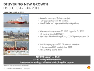 DELIVERING NEW GROWTH
PROJECT START-UPS 2011
NEW START-UPS IN 2011
                                        Qatargas 4
                                                                • Successful ramp-up of 7.8 mtpa project
                                                                • > 30 cargoes shipped to 11 countries
                                                                • Part of Shell‟s 20.5 mtpa world-wide LNG portfolio

Canada oil sands: AOSP-1 Upgrader
                                                                • Mine expansion on-stream Q3 2010; Upgrader Q2 2011
                                                                • Full ramp-up expected H2 2011
                                                                • Next steps: debottlenecking of 255,000 b/d project; Quest CCS


                               Qatar: Pearl GTL
                                                                • Train 1 ramping up; 6 of 12 GTL reactors on stream
                                                                • First shipments of GTL products June 2011
                                                                • Train 2 start-up by end 2011


                                                            >400,000 boe/d* for Shell
                                                           ~ $30 bln capital investment
                                        Innovative technology, full value chain, long-life returns
* PEAK   PRODUCTION; SHELL SHARE: $80 OIL PRICE SCENARIO


 7       Copyright of Royal Dutch Shell plc   28/7/2011
 