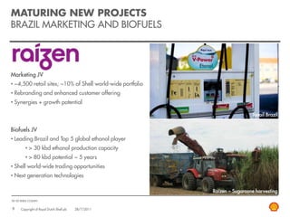 MATURING NEW PROJECTS
BRAZIL MARKETING AND BIOFUELS




Marketing JV
• ~4,500 retail sites; ~10% of Shell world-wide portfolio
• Rebranding and enhanced customer offering
• Synergies + growth potential

                                                                             Retail Brazil


Biofuels JV
• Leading Brazil and Top 5 global ethanol player
         • > 30 kbd ethanol production capacity
         • > 80 kbd potential ~ 5 years
• Shell world-wide trading opportunities
• Next generation technologies

                                                            Raízen – Sugarcane harvesting
50-50 SHELL-COSAN


9     Copyright of Royal Dutch Shell plc   28/7/2011
 