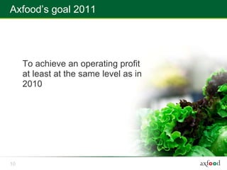 Axfood’s goal 2011




     To achieve an operating profit
     at least at the same level as in
     2010




10
 