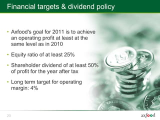 Financial targets & dividend policy


• Axfood's goal for 2011 is to achieve
  an operating profit at least at the
  same level as in 2010
• Equity ratio of at least 25%
• Shareholder dividend of at least 50%
  of profit for the year after tax
• Long term target for operating
  margin: 4%




20
 