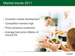 Market trends 2011



• Uncertain market development
• Competition remains high
• Price conscious customers
• Average food price inflation of
  around 2%




8
 