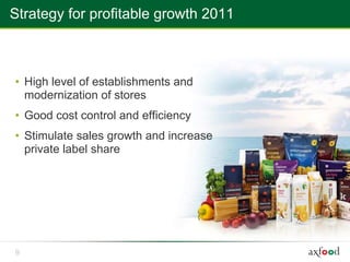 Strategy for profitable growth 2011



• High level of establishments and
  modernization of stores
• Good cost control and efficiency
• Stimulate sales growth and increase
  private label share




9
 