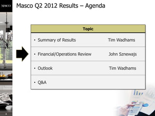Masco Q2 2012 Results – Agenda


                                 Topic

         • Summary of Results            Tim Wadh...