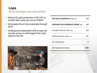 Lapa
   Good tonnage and cost control

 Strong Q2 gold production of 28,157 oz        P&P GOLD RESERVES (million oz)                                             0.5
  at total cash costs per ounce of $634
 Anticipated life of mine extended through     AVERAGE GOLD RESERVE GRADE (g/t)                                           6.5
  2015
 Underground exploration drift to east will    Indicated resource (million oz)                                            0.3
  provide access to drill targets that could
  extend mine life                              Inferred resource (million oz)                                             0.1


                                                Est. LOM (years)                                                              4


                                                2012 exploration budget                                                  $3M


                                               See AEM Feb 15, 2012 press release for detailed breakdown of reserves and resources.




                                                                                                                                      12
 