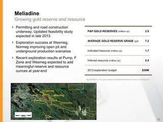 Meliadine
 Growing gold reserve and resource
 Permitting and road construction
  underway; Updated feasibility study          P&P GOLD RESERVES (million oz)                                              2.9
  expected in late 2013
                                               AVERAGE GOLD RESERVE GRADE (g/t)                                            7.2
 Exploration success at Wesmeg,
  Normeg improving open pit and
  underground production scenarios             Indicated resource (million oz)                                             1.7

 Recent exploration results at Pump, F
                                               Inferred resource (million oz)                                              2.4
  Zone and Wesmeg expected to add
  meaningful reserve and resource
  ounces at year-end                           2012 exploration budget                                                 $30M


                                              See AEM Feb 15, 2012 press release for detailed breakdown of reserves and resources.




                    Tiriganiaq
            Wolf             Wesmeg
             Pump        F Zone
                                  Discovery




                                                                                                                                     16
 